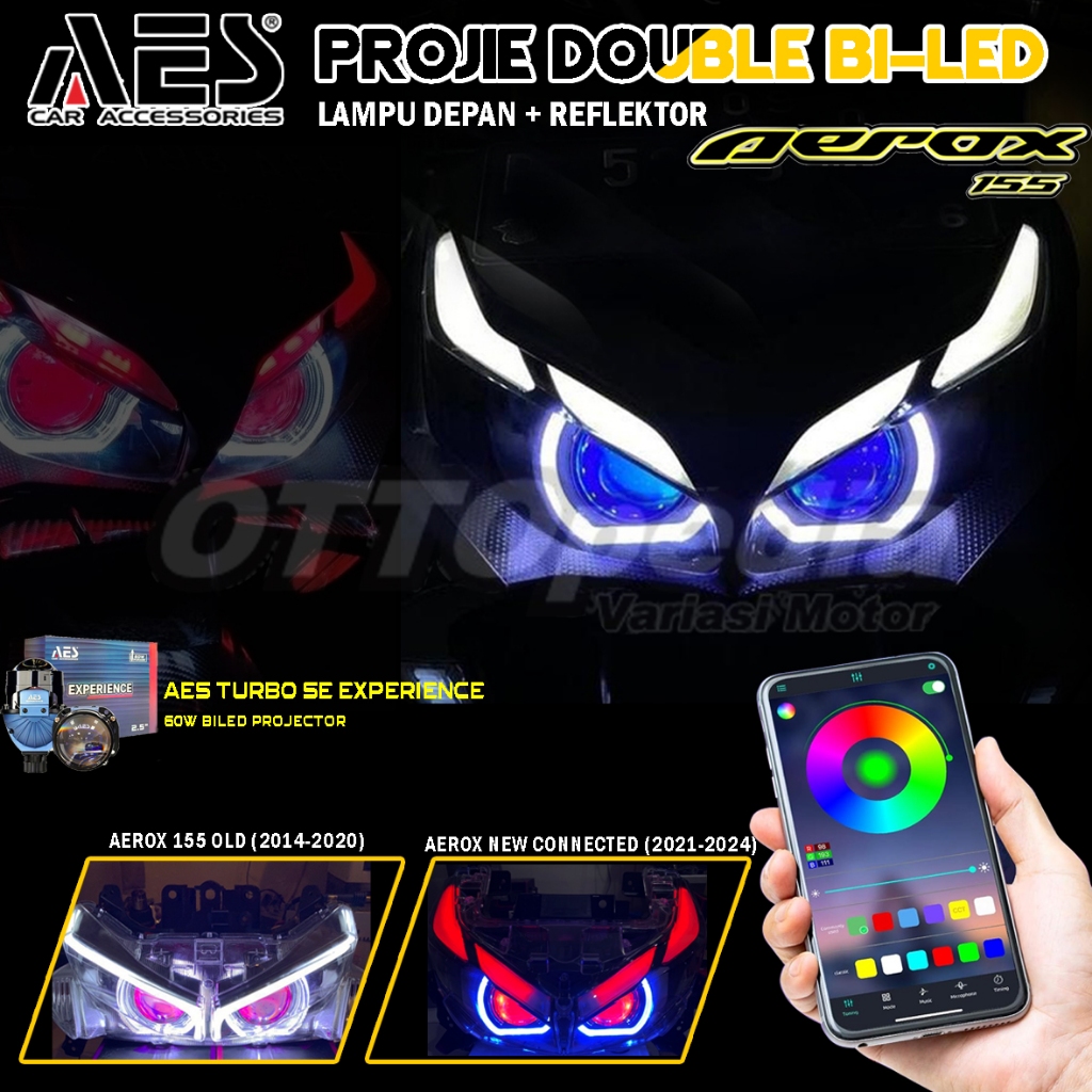 AES LAMPU DEPAN PROJIE DOUBLE BILED AEROX 155 OLD/ AEROX NEW CONNECTED HEADLAMP TURBO EXPERIENCE 60W