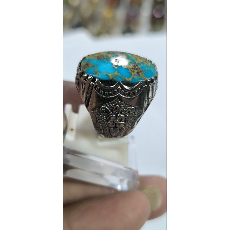Batu Pirus Persia Natural Asli dengan Cincin Alfaka Turkey Ukuran 6,5 dan Dimensi 21x12x5 mm