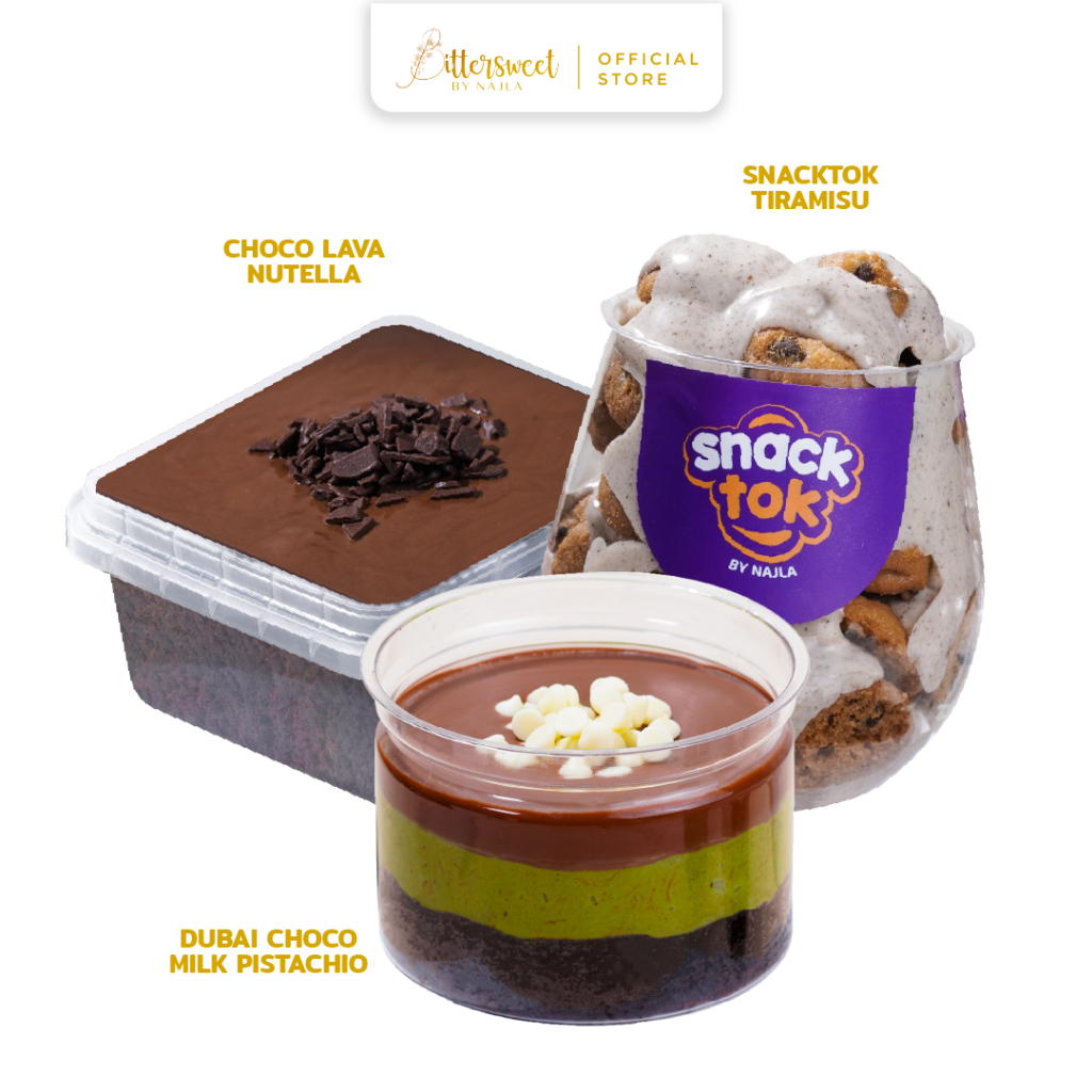 

Choco Dubai Milk Pistachio + Choco Lava Nutella + Snacktok Tiramisu