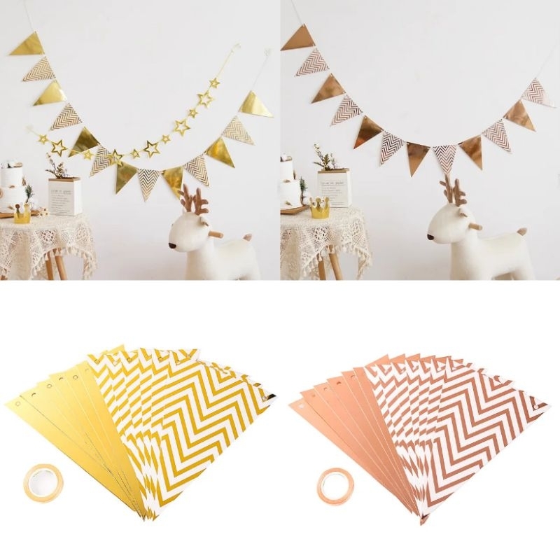 flag kertas segitiga glossy gold rosegold bendera gantung paper hiasan ulang tahun happy birthday hb