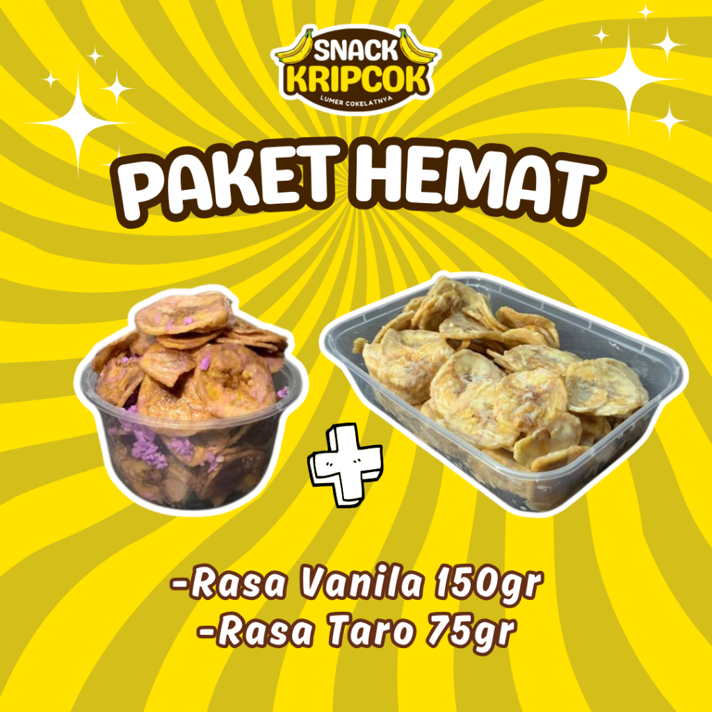 

Paket Hemat Keripik Pisang Rasa Vanila 150g dan Rasa Taro 75gr - Cemilan Viral 2 Varian Rasa