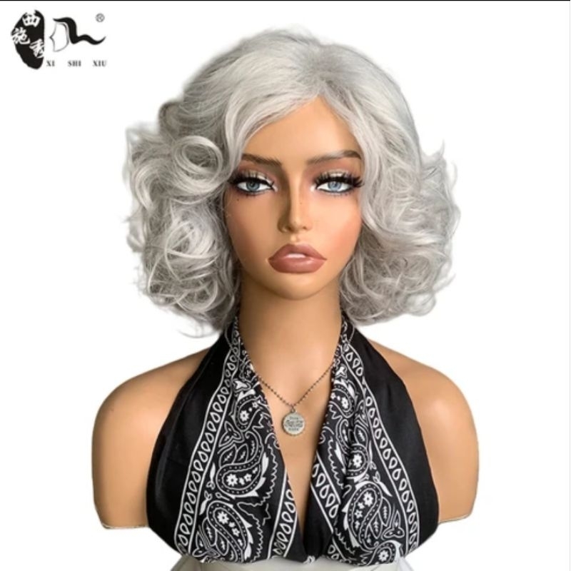 GRIYA REMA Wig Wanita Curly Wig Silver Wig Korean Style Wig Oma Wig Uban Wig Putih Uban Rambut Palsu