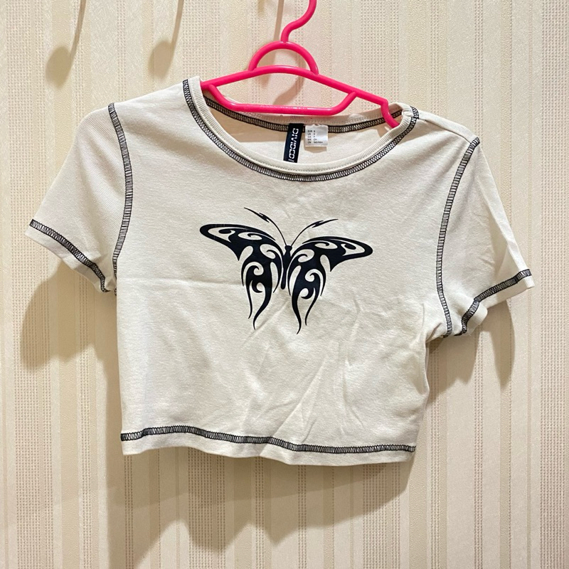 H&M Butterfly Crop top Cream White t-shirt