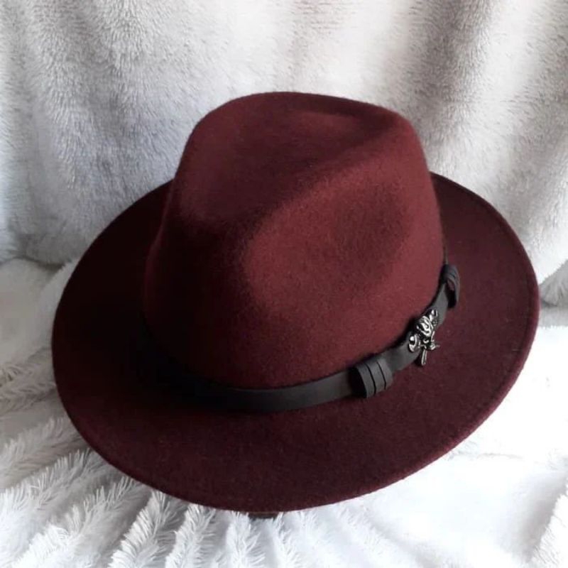Topi Laken Fedora Import Bahan Wol Original Merah Maroon