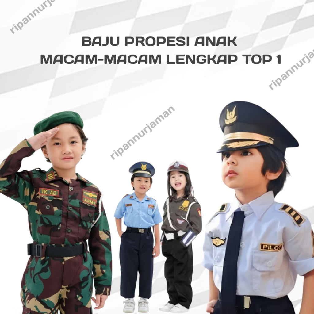 BAJU POLISI ANAK LAKI-LAKI DAN PEREMPUAN KOSTUM PROPESI ANAK TNI AD ,TNI AU DAN PILOT PAKET LENGKAP