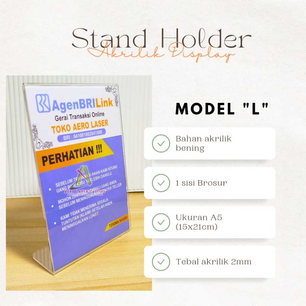 STAND MEJA AKRILIK MODEL L AGEN BRILINK BIAYA ADMIN, PENGUMUMAN, QRIS DLL