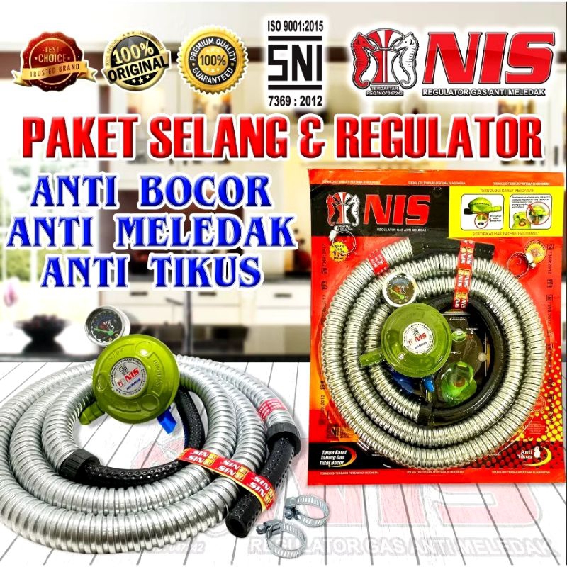 Regulator Gas Set NIS Selang dan Regulator Anti Bocor, Anti Meledak, Anti Tikus
