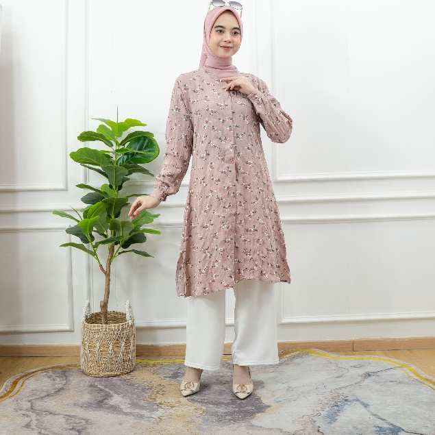 PRILLY BUSANA -  Livya Tunik Crincle Motif - Atasan Wanita - Blouse - Kemeja Bunga