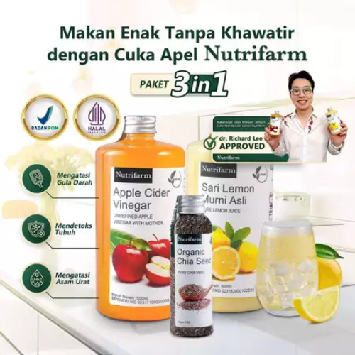 

PAKET DIET CUKA APEL NUTRIFARM 3 IN 1 CUKA APEL SARI LEMON CHIA SEED ORIGINAL ORGANIK 500ML