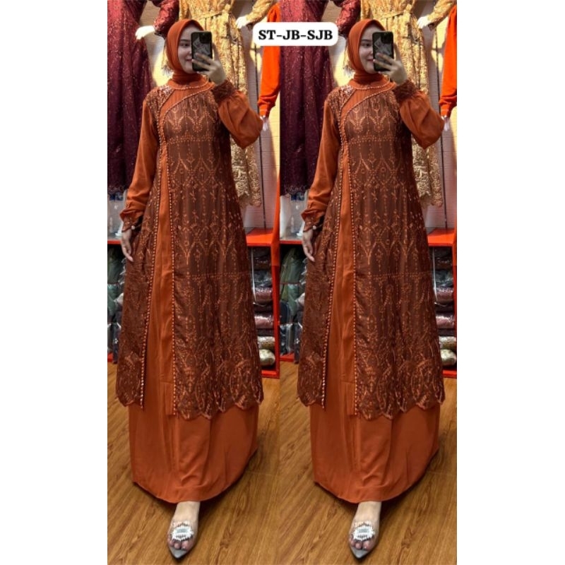 GAMIS SET HIJAB FASHION MUSLIMAH TERBARU BAHAN CERUTY PAYET MIX KATUN BOLONG PREMIUM TERLARIS