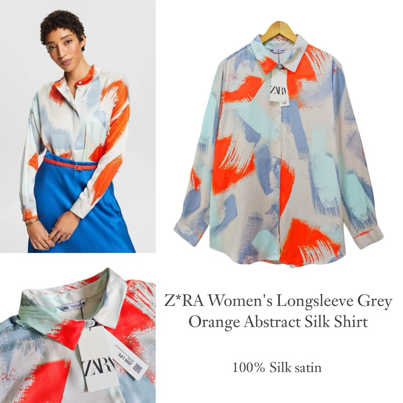 Z*RA Women’s Longsleeve Grey Orange Abstract Silk Shirt  ORIGIN4L SISA EXPORT / KEMEJA BRANDED FULLT