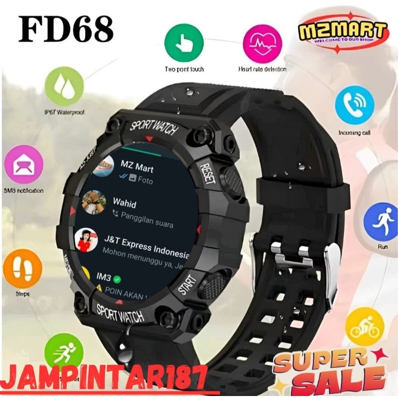 Jam Tangan Hp Android Sport Pria Wanita Smartwatch FD68 Plus Swart Watch Anti Air Notif GPS Tracker 