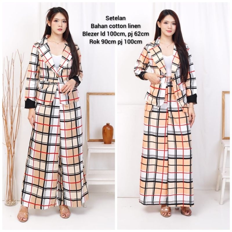 Setelan Blazer Kotak-Kotak Bahan Cotton Linen