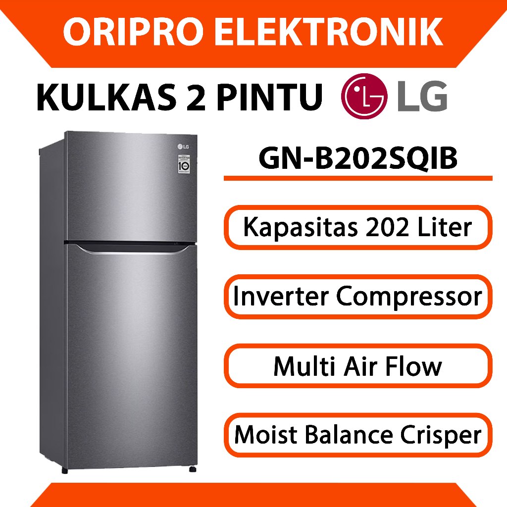 Kulkas 2 Pintu Inverter LG 202 Liter Top Freezer Fridge GN-B202SQIB