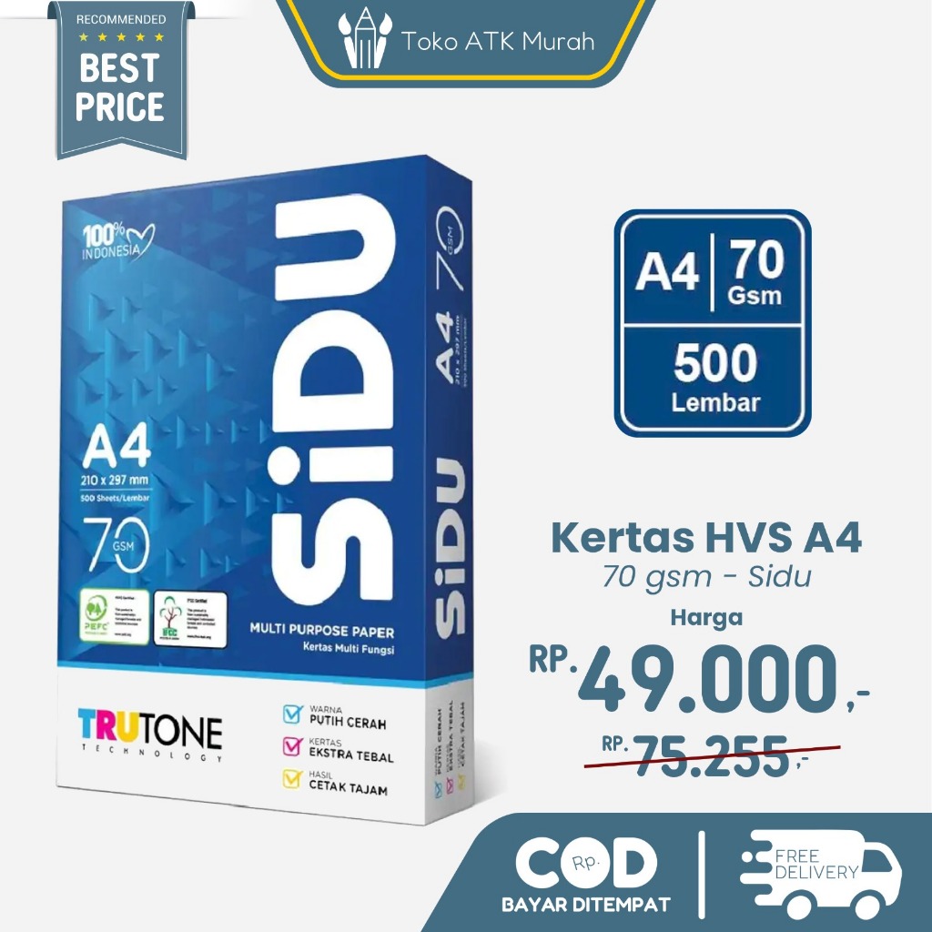 

Kertas HVS Sidu A4 70 / 75 Gram Sinar Dunia ( 1 Rim 500 Lembar ) Cocok untuk Print & Fotokopi
