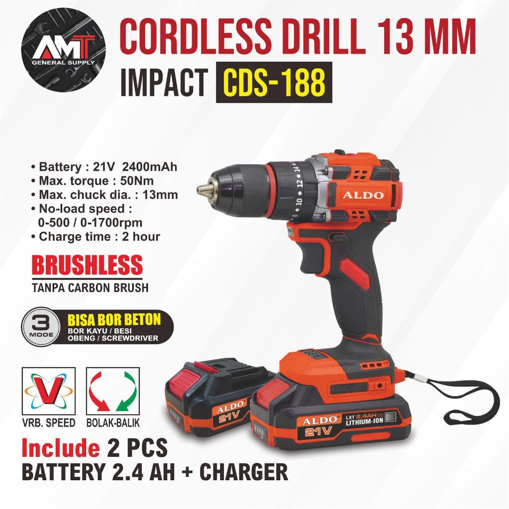 Mesin Bor / Cordless Drill 13MM Impact CDS-188 ALDO