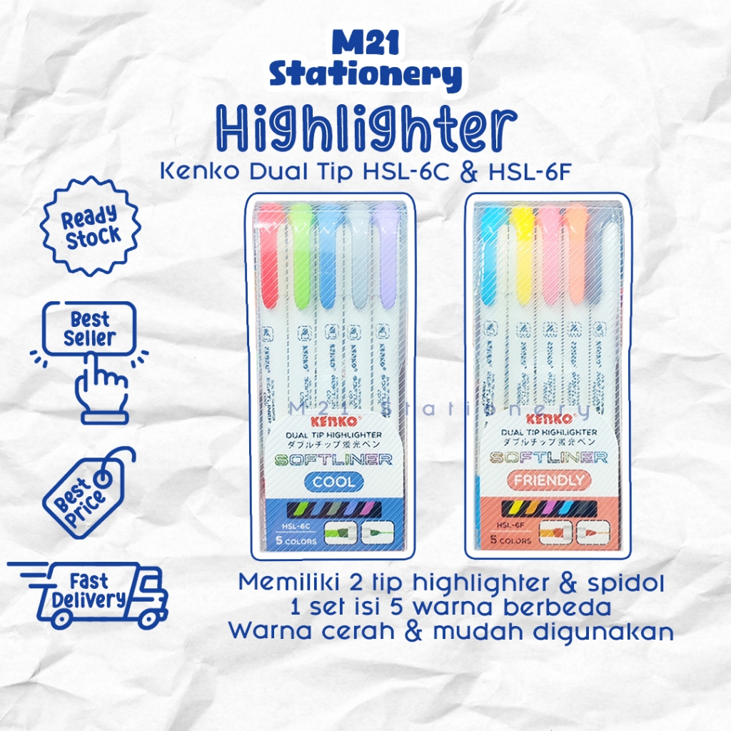 

(5 PCS) HIGHLIGHTER DUAL TIP KENKO HSL-6F & HSL-6C / PENANDA WARNA STABILO FRIENDLY & COOL ISI 5 DENGAN WADAH UNTUK JOURNALING ALAT TULIS SEKOLAH KULIAH ATK KANTOR MURAH / M21 STATIONERY JOGJA