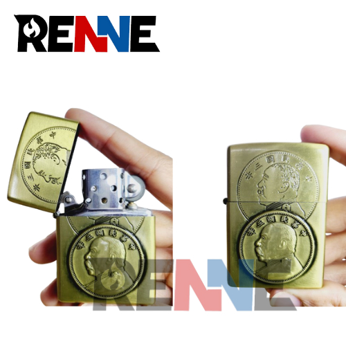 RENNE Korek Api Minyak Batu Sumbu Full Metal Motif Koin Jepang Kuno Antik Unik Elegan Klasik