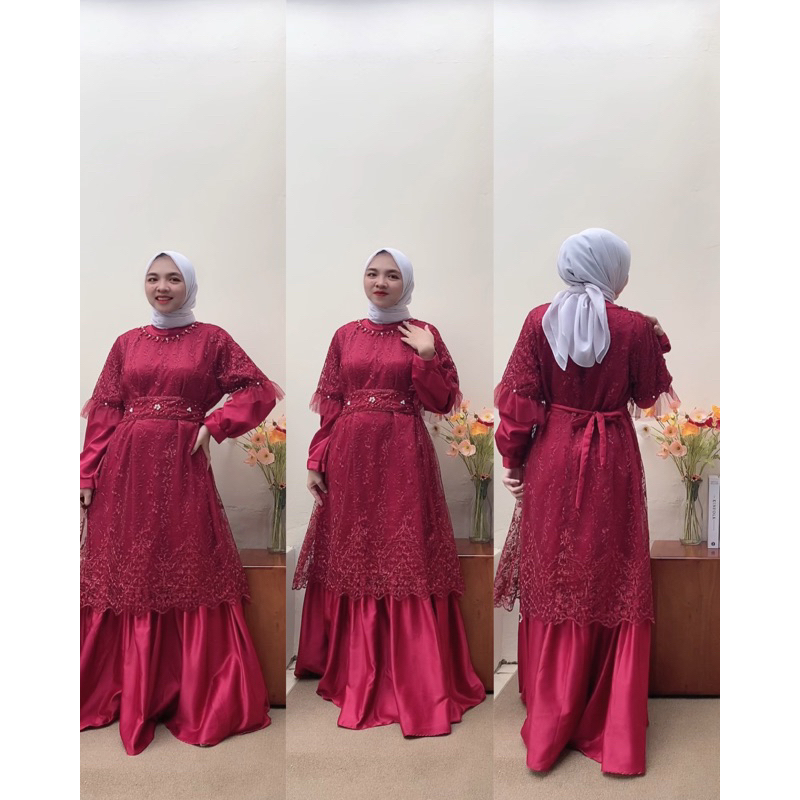 RAPUNZEL DRESS - Gamis brukat warna maroon burgundy bergendy burgendi baby blue denim GAMIS SET OUTE