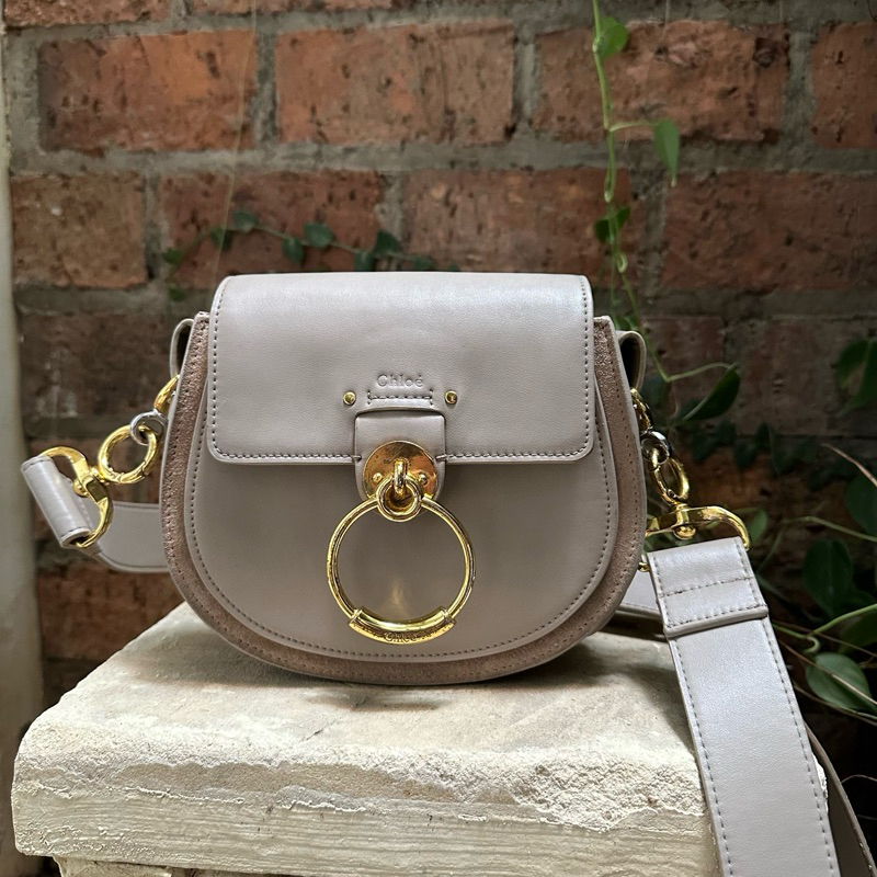 Chloe Tess Small Leather Shoulder Bag in Grey mix suede