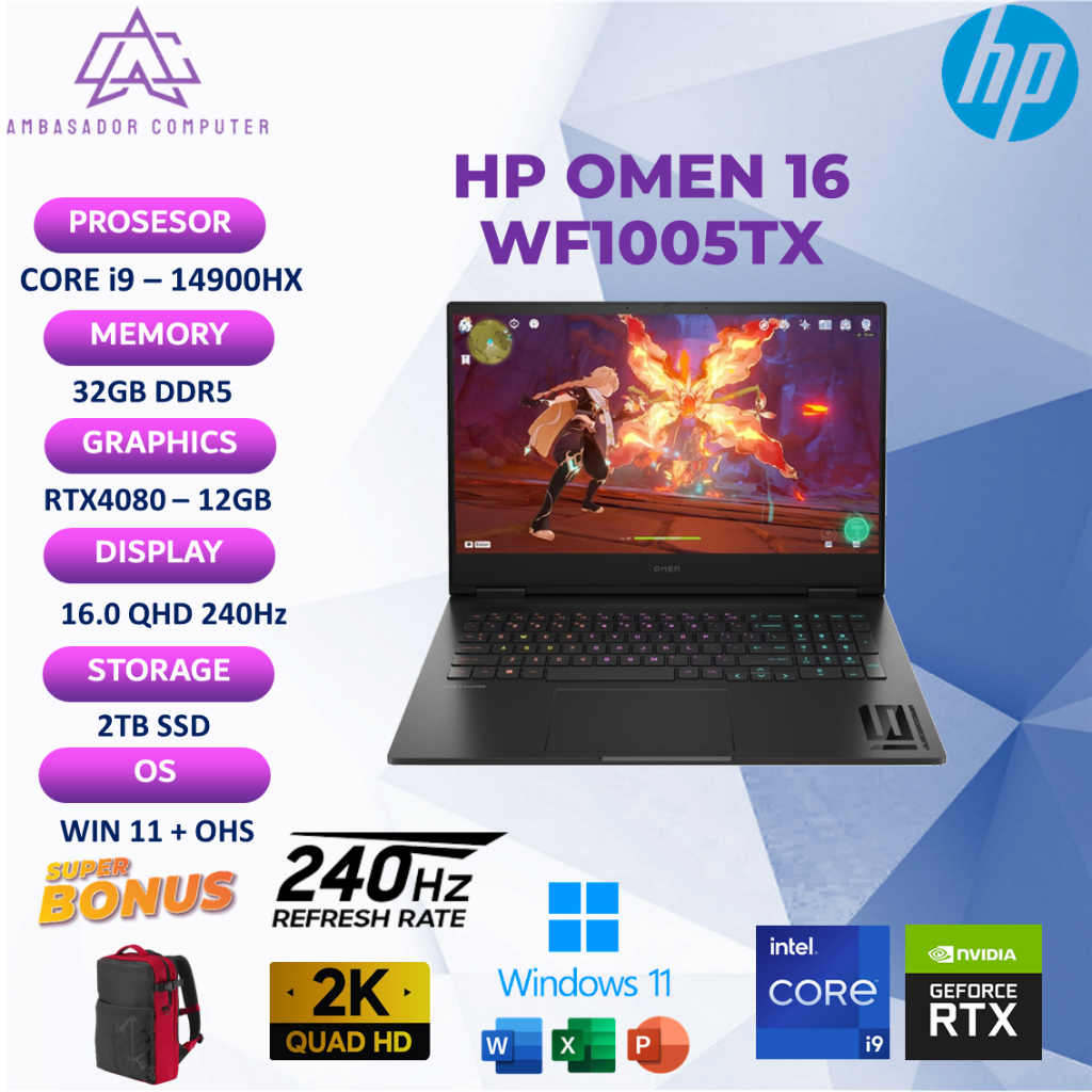 HP Omen 16 WF1005TX I9 14900HX RTX4080 12GB 32GB 2TB Windows11 OHS QHD 240Hz