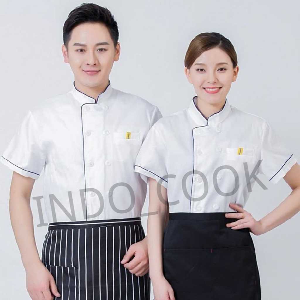 Baju Koki Seragam Chef Kemeja koki baju chef Lengan Pendek Putih List Biru BL04