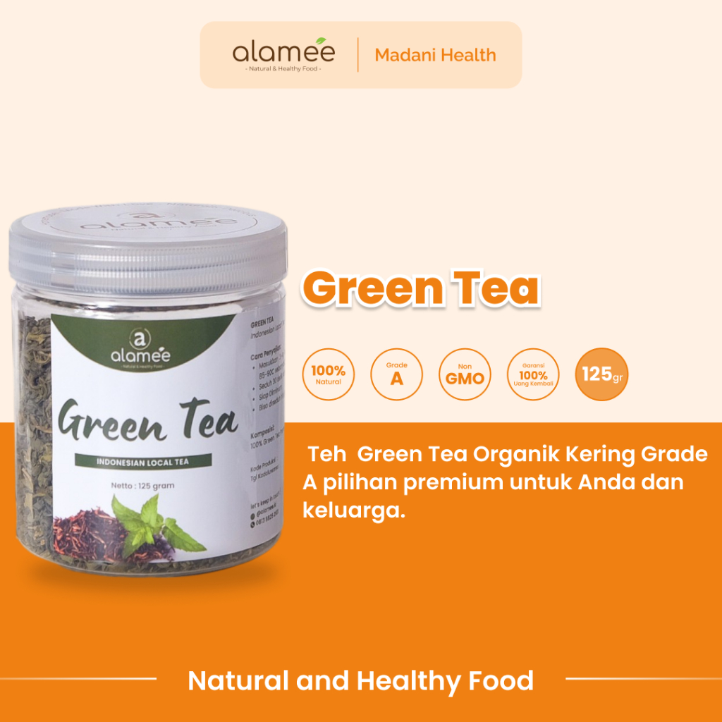 

ALAMEE Teh Hijau Green Tea Organic Kering Organik Greentea Minuman Herbal Siap Seduh Minum 125gr