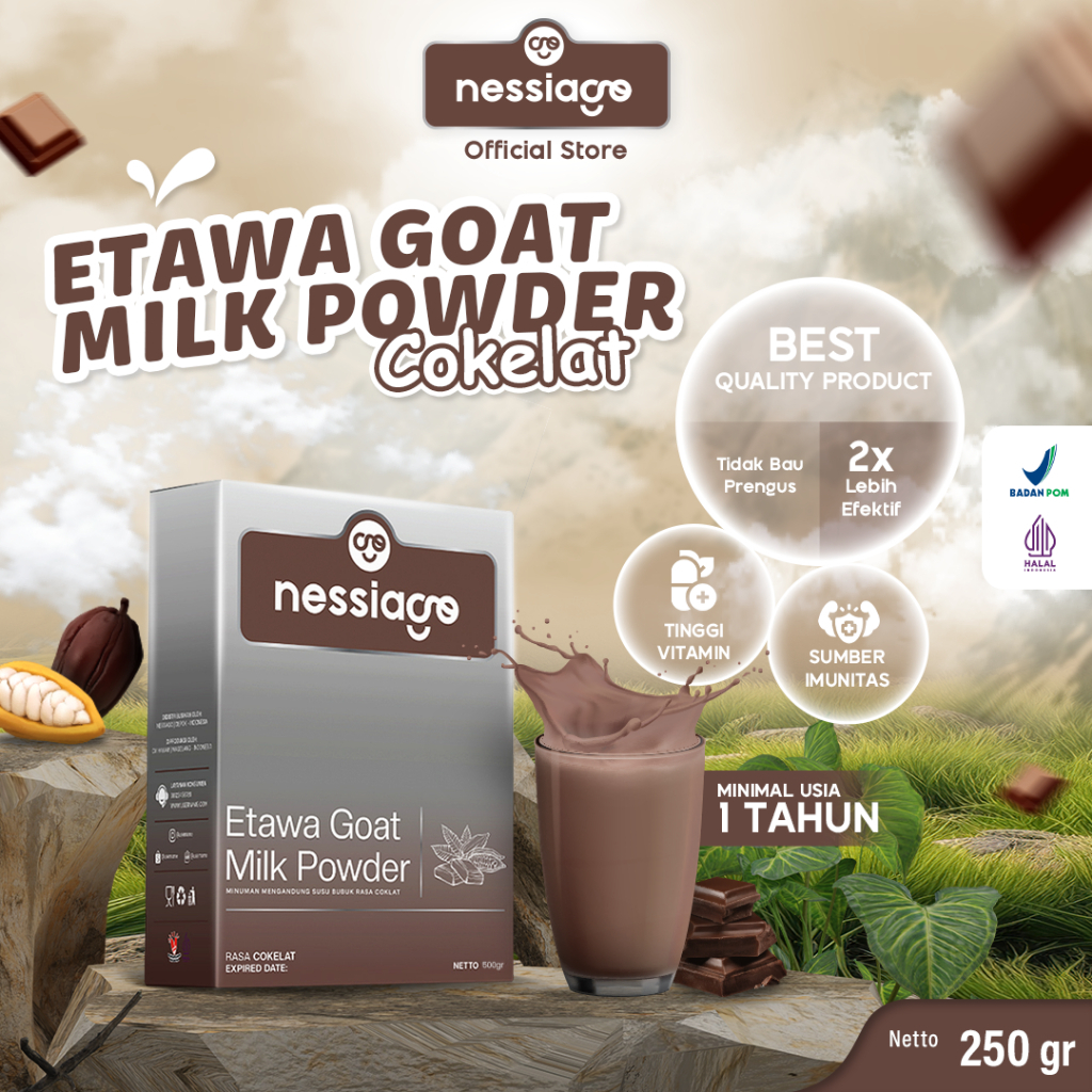 

Nessiago Susu Kambing Etawa Bubuk 250 Gram Rasa Cokelat | Etawa Goat Milk Powder Drink COD Natural Asli Herbal Pemulihan Pengobatan Sesak Nafas Paru Paru Asam Urat Saraf Kejepit Alergi Rematik Perkokoh Tulang Gigi Lansia Orang tua Balita Terjangkau tunai