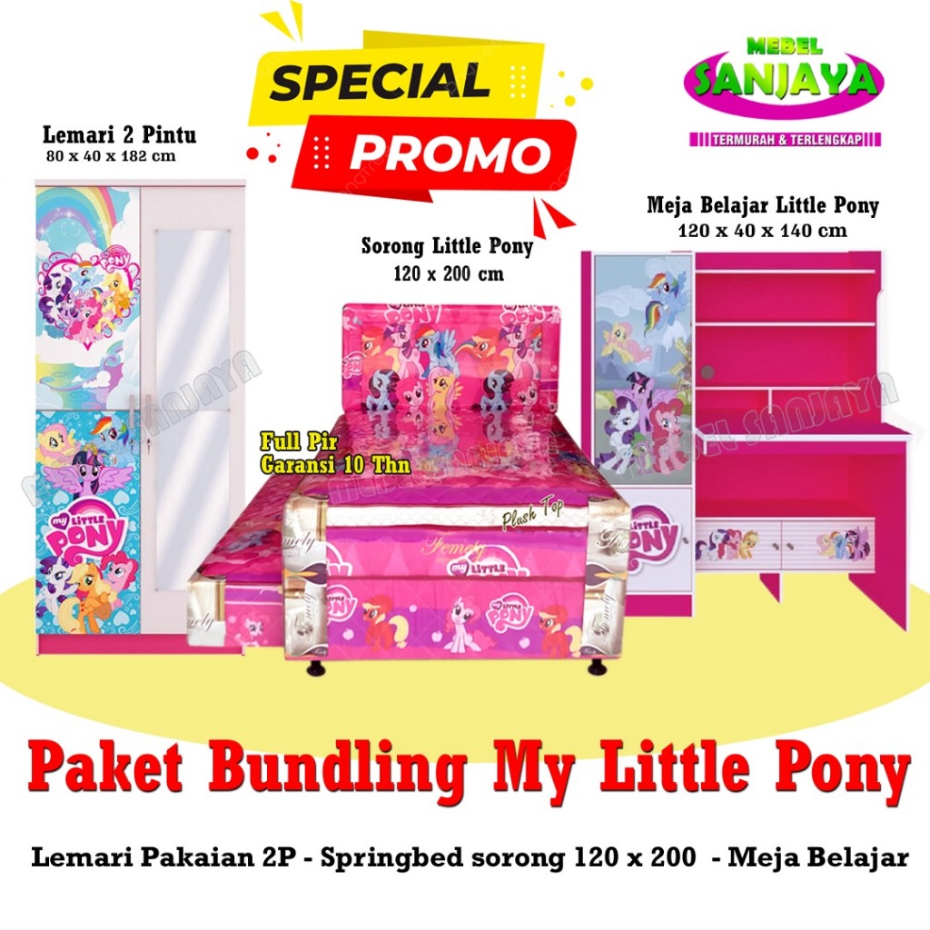 Spring Bed Sorong Anak Little Pony Paket Meja Belajar Lemari Anak