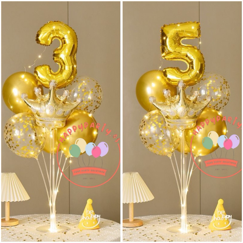 Paket Standing Balon Angka Ulang Tahun Isian Confetti Mahkota Gold / Rosegold