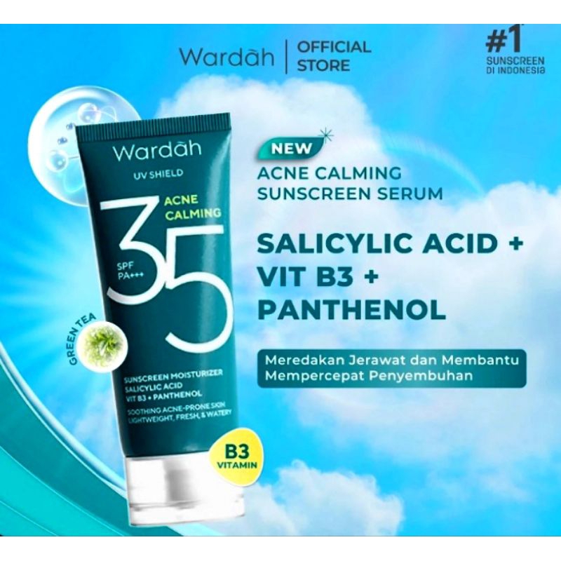 Wardah UV Shield Acne Calming Sunscreen Moisturizer SPF 35 PA+++ untuk komedo, jerawat dan bekas jer