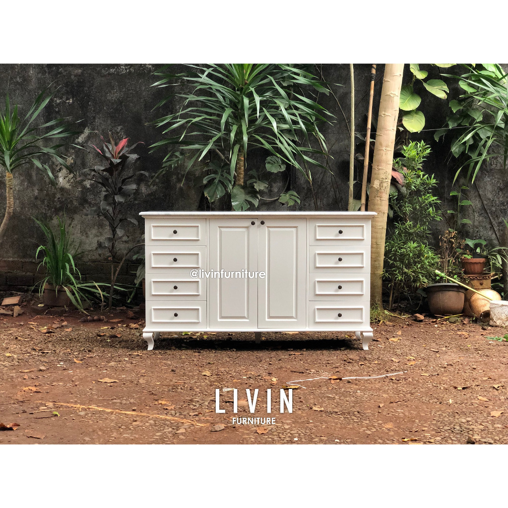 Bufet Credenza Duco Putih Marmer Klasik Modern Mewah