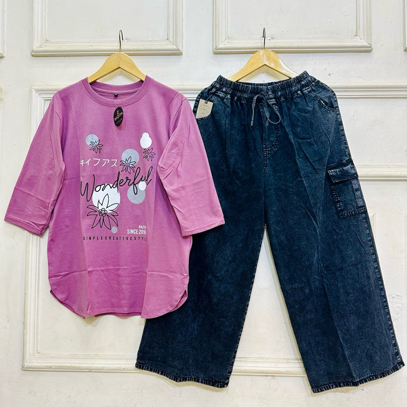 Setelan Kulot Jeans Wanita Dewasa Atasan Combed 20s Celana Jeans Kulot Cargo, Setelan Wanita