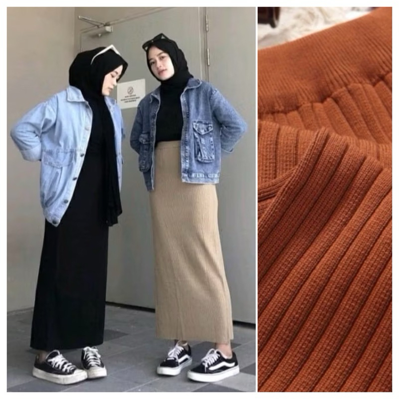 ROk SPAN | Rok Sepan Panjang Span Knit Wanita Premium Tebal Belah Belakang Bahan Knite Rib Hornet St