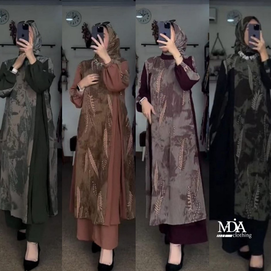 Super Promo  Set Midi Crinkle Mix Ceruty 3 in 1 One Set Tunik Leaf Setelan Kulot Long Tunik Jumbo Mi