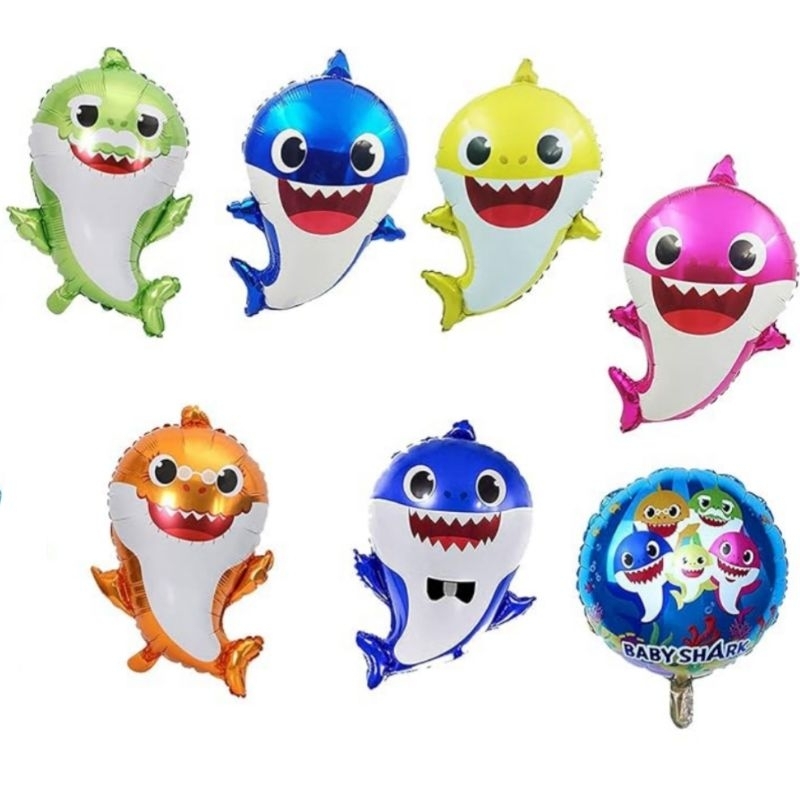 Balon foil baby shark hiu babyshark biru kuning pink fong blue yellow merah muda happy birthday hbd 
