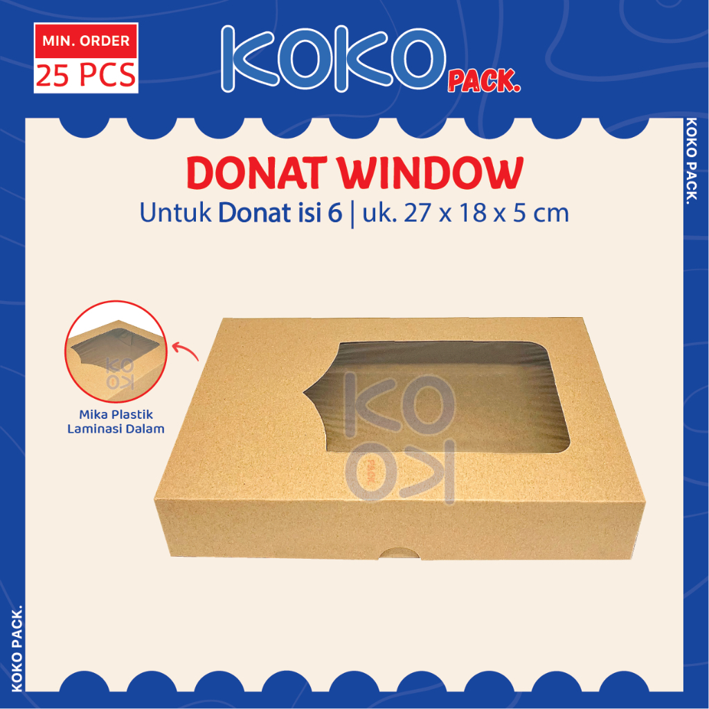 

Box Donat Window isi 6 uk. 27x18x5 cm Tebal 310gr -> 350gr Laminasi Dalam Bahan Kraft Coklat | Dus Snack Kotak Kue Mika Jendela