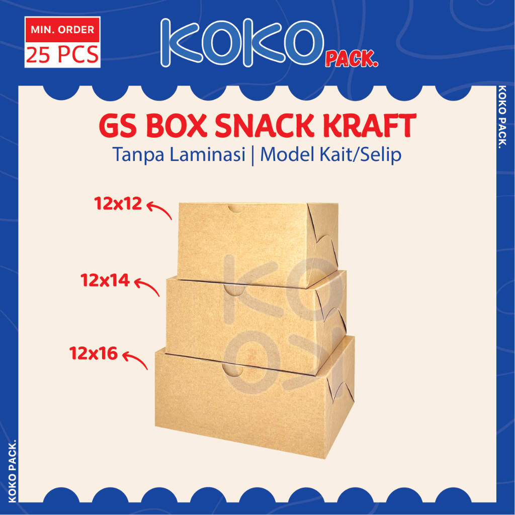 

GS Box Snack Kraft uk. 12x12 , 12x14 , 12x16 Tebal 310gr Tanpa Laminasi - Kotak Kue Dus Makanan Coklat 14x12 16x12