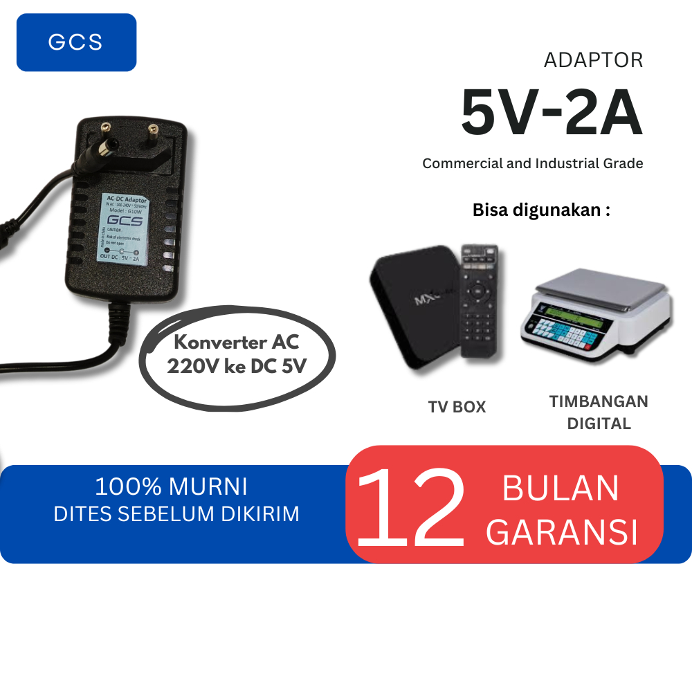 GCS Adaptor 5V-2A AC DC LED Router Mini Speaker Bluetooth Barcode Scanner Kipas Pendingin Jam Digita