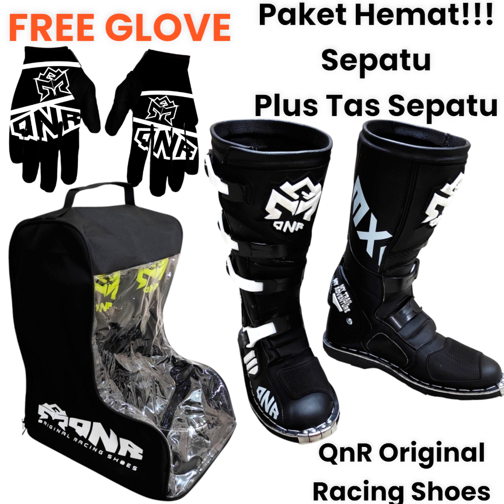 PAKET HEMAT !!! SEPATU CROSS BLACK QNR ORIGINAL  PLUS TAS JINGJING SEPATU BONUS SARUNG TANGAN PRODUK
