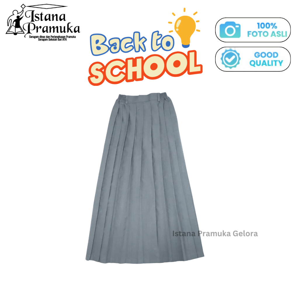 (PREMIUM) Seragam Sekolah Rok SMA/SMK Lipat-Lipat Rempel Panjang Tetrex Karet  Warna Abu Rokok - Ist