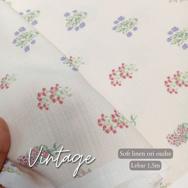 Vintage kain soft linen motif bunga kecil original oudre