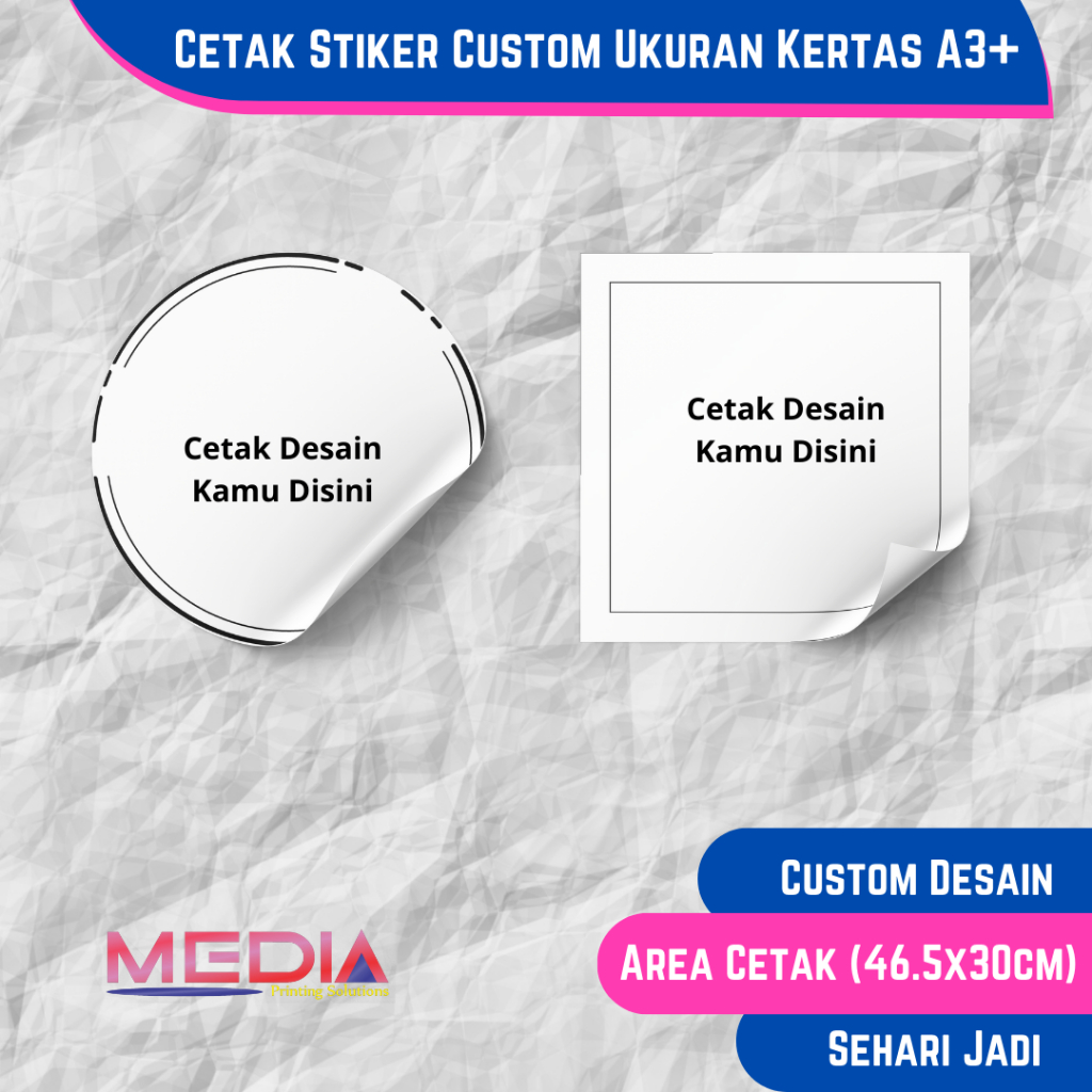 

Stiker Custom Desain Ukuran Kertas A3+ Bahan Chromo