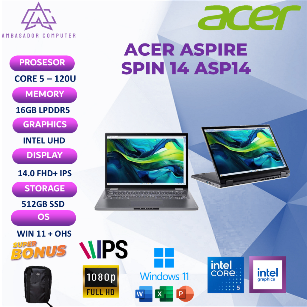 Acer Aspire Spin 14 ASP14 Touch Core 5 120U 16GB 512GB Full HD IPS Windows11 OHS