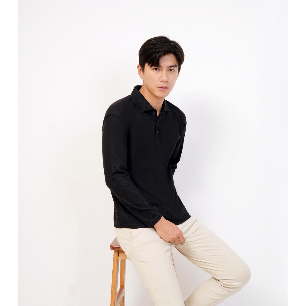 Polo Polos Hitam Panjang - Polo Polos Lengan Panjang - Kaos Kerah Panjang - KAOS KERAH POLOS WARNA H