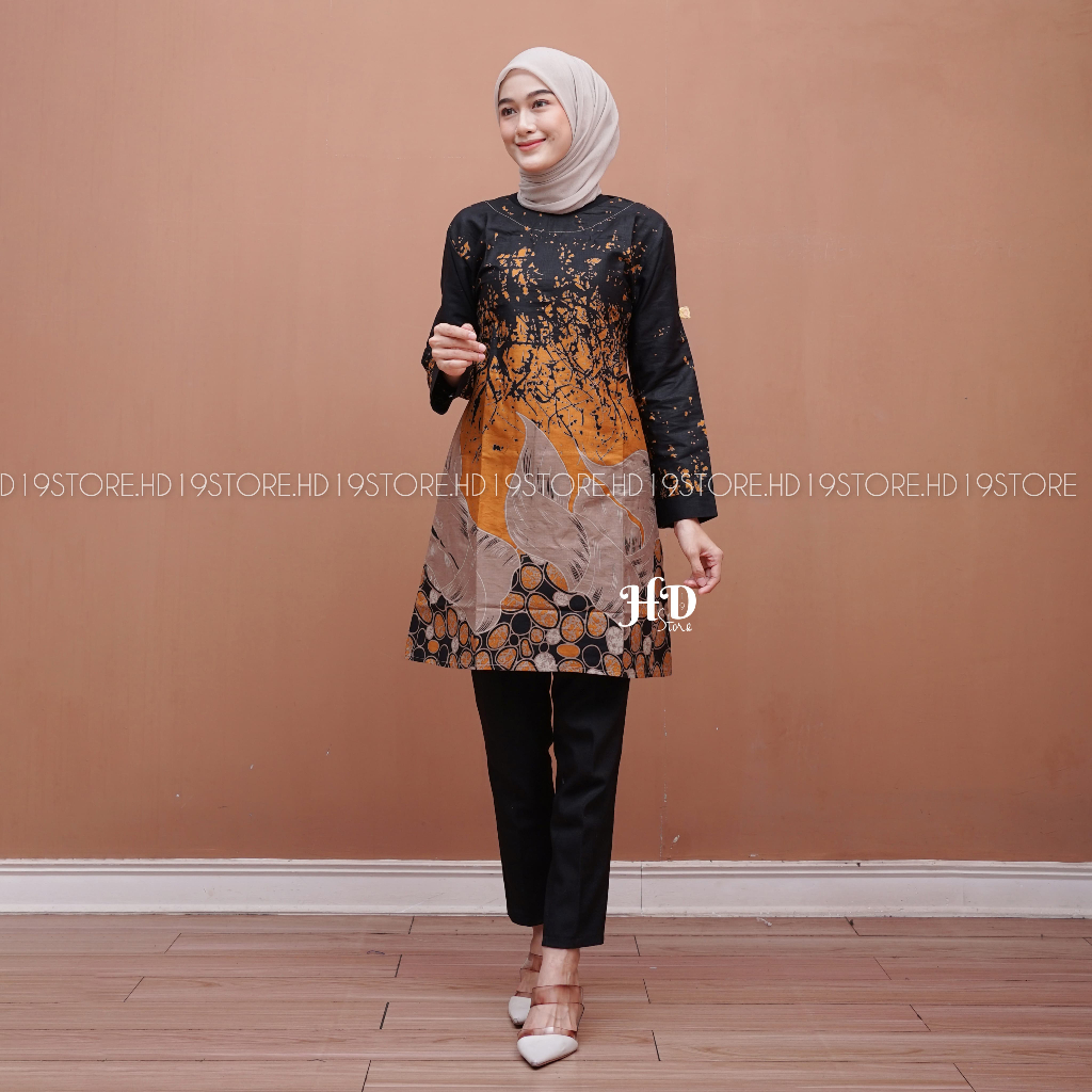 Batu - Atasan Tunik Wanita Hijau Botol Army Navy Hitam Biru Tosca Maroon Seragam Batik Modern