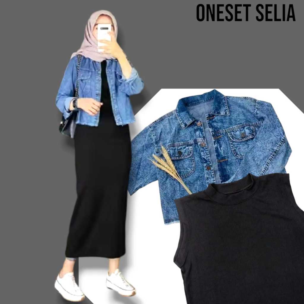 RNA SETELAN WANITA INNER DRESS RAJUT MIX JAKET JEANS oneset jaket dan iner satu set biru hitam ootd