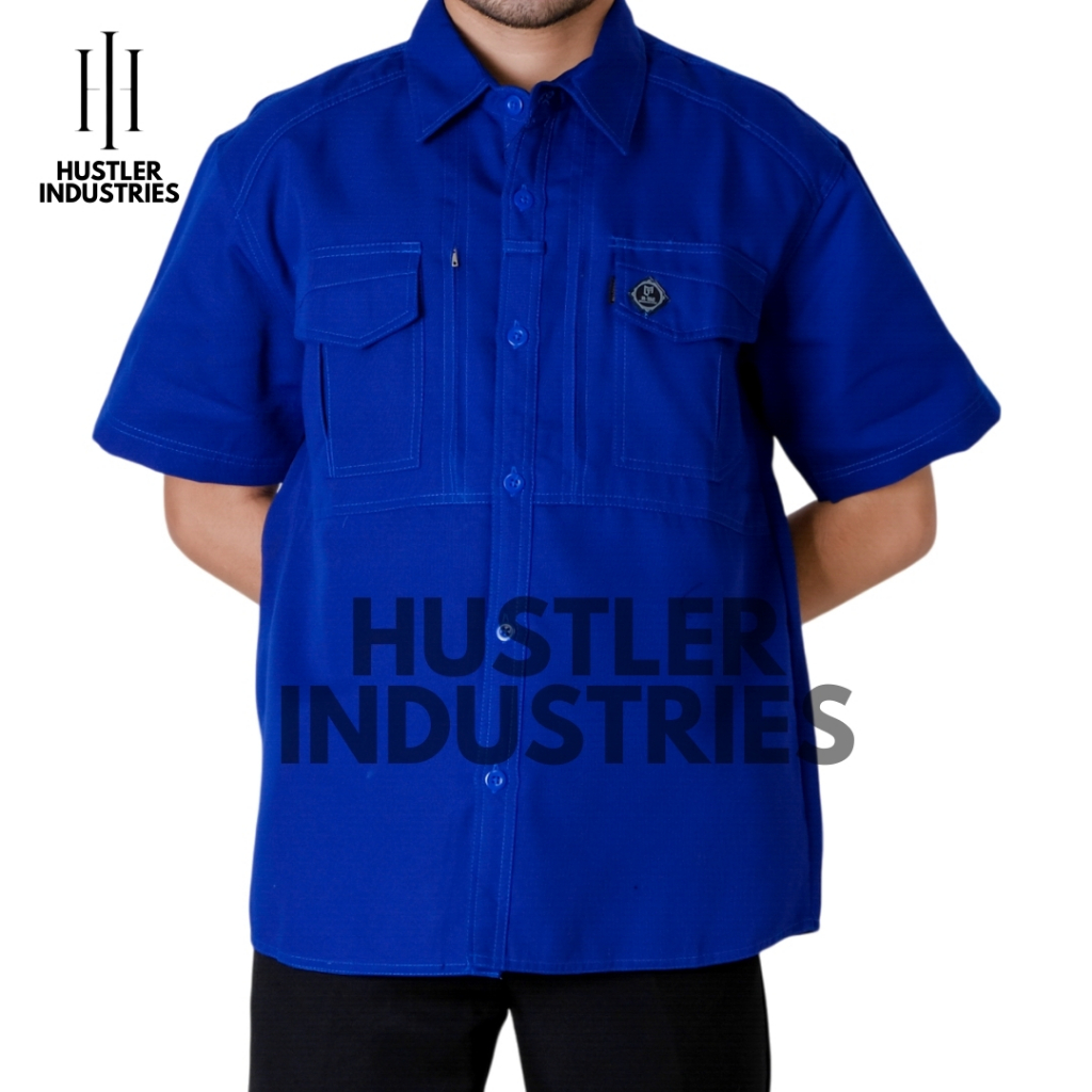 Kemeja Taktikal MTAC Lengan Pendek Biru Kerja Lapangan Terbaru Seragam Custom Bordir Katun