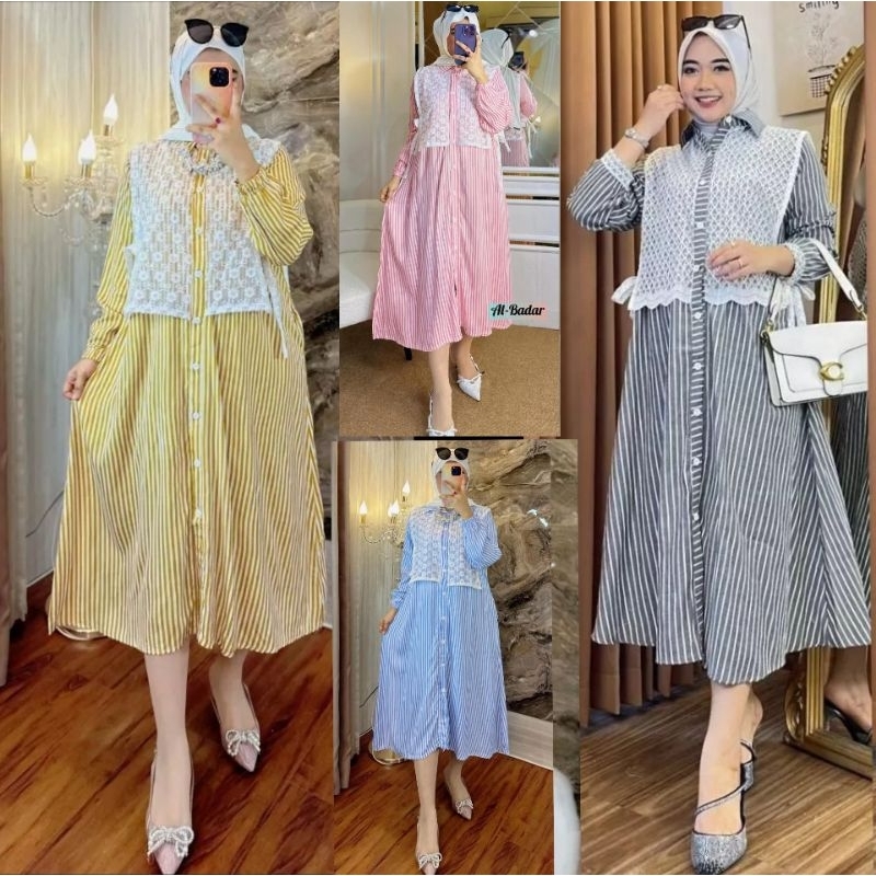 Lonk dress Tunik burkat/Dress Tunik MIDI motif salur premium/Tunik MIDI dress Ful kancing Model Kore