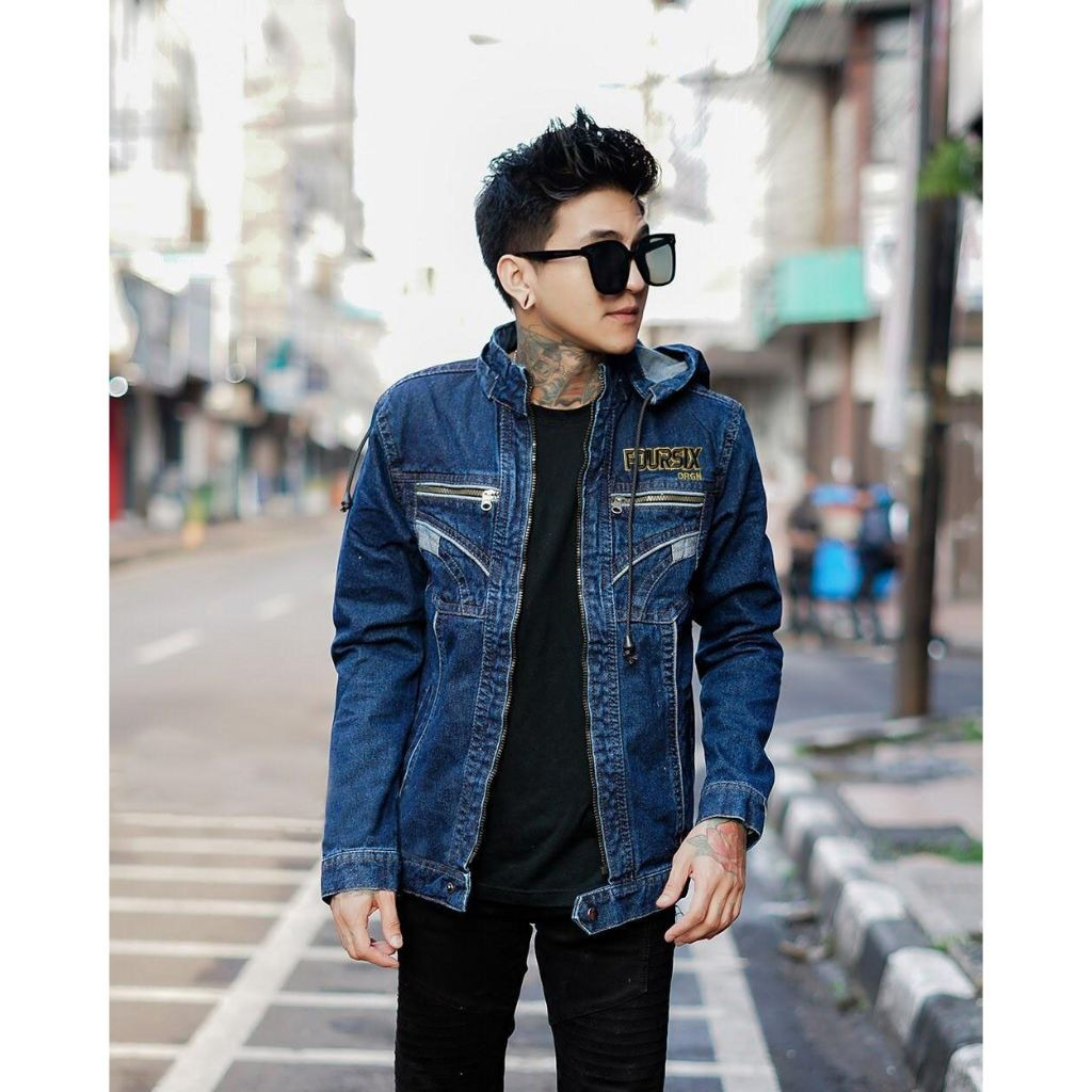 Jacket jeans denim resleting biru kupluk/topi bisa lepas pasang casual distro santai keren terlaris